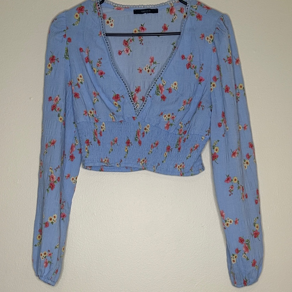 River Island Blue Floral V-Neck Long Sleeve Crop Top